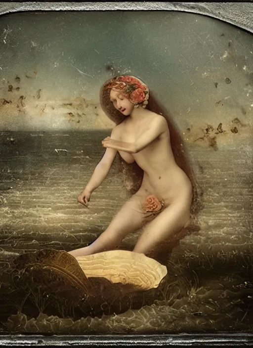 Image similar to old wetplate daguerreotype birth of venus, fractal, intricate, elegant, highly detailed, parallax, leica, medium format, subsurface scattering, by jheronimus bosch and greg rutkowski and louis jacques mande daguerre