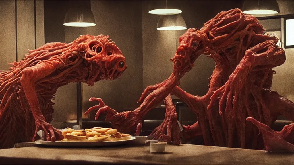 Prompt: the strange creature at the fast food place, they scare my family, film still from the movie directed by denis villeneuve and david cronenberg with art direction by salvador dali and zdzisław beksinski, wide lens