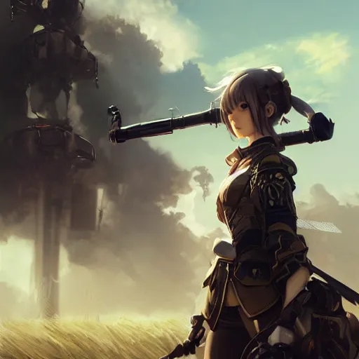 Prompt: girl with steampunk weapons and uniform, serious, finely detailed, made by wlop, ruan jia, ross tran, full body portrait, illustration, grass, sunny, sky, anime, side view, perfect anime face, detailed face, zoomed out, smooth,