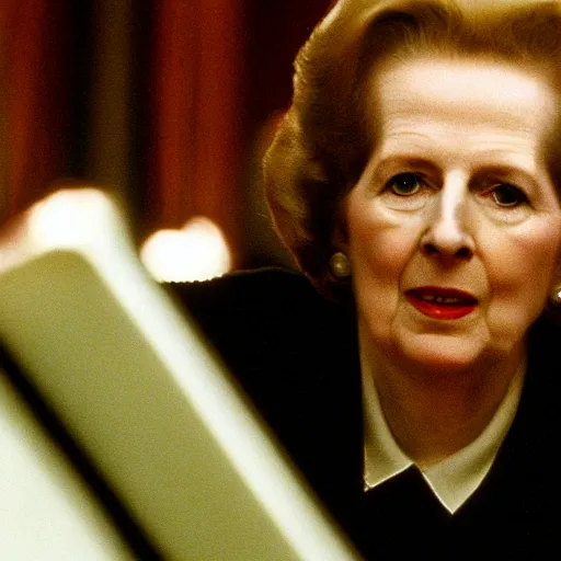 Image similar to A movie still of Margaret Thatcher in The Shining