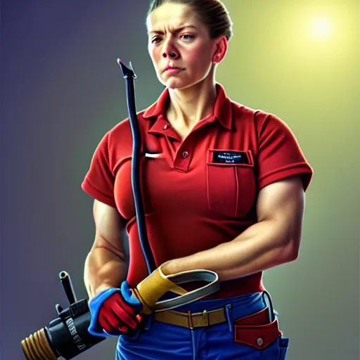 Image similar to epic portrait a slightly muscular woman wearing short sleeved uniform and carrying a red power tool drill, detailed, centered, digital painting, artstation, concept art, donato giancola, Joseph Christian Leyendecker, WLOP, Boris Vallejo, Breathtaking, 8k resolution, extremely detailed, beautiful, establishing shot, artistic, hyperrealistic, beautiful face, octane render