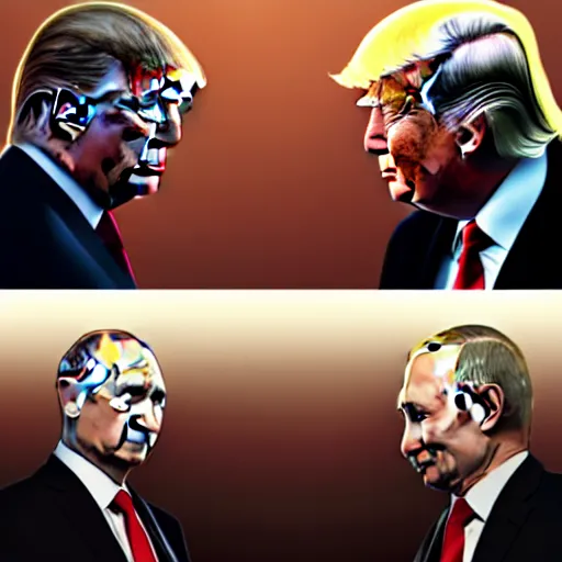 Image similar to Donald Trump vs Vladimir Putin, face to face staring, civil war style, highly detailed, digital painting, artstation, concept art, smooth, sharp focus, illustration, cinematic lighting, art by artgerm and greg rutkowski and alphonse mucha