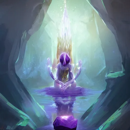 Prompt: Amethyst elixir, glowing within. Masterful fantasy concept art.