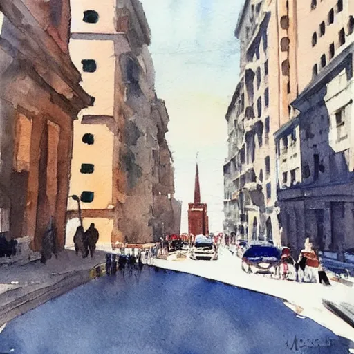 Prompt: big city steet on a hot summer day, watercolor painting, morandi color palette, very beautiful masterpiece by a very talented artist, stunning