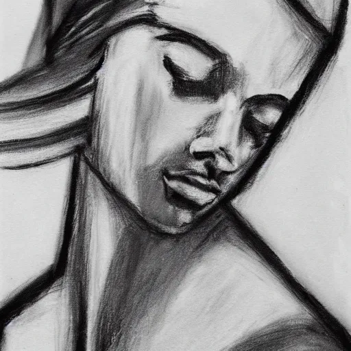 Prompt: abstraction of a beautiful woman, black-and-white painting, charcoal, rough sketch