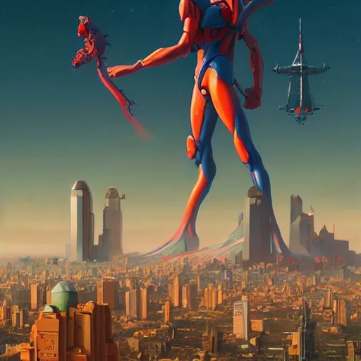 Image similar to giant evangelion stands over city by simon stalenhag, d & d, fantasy, digital painting, unreal engine 5, photorealism, hd quality, 8 k resolution, cinema 4 d, 3 d, cinematic, professional photography, art by artgerm and greg rutkowski and alphonse mucha and loish and wlop