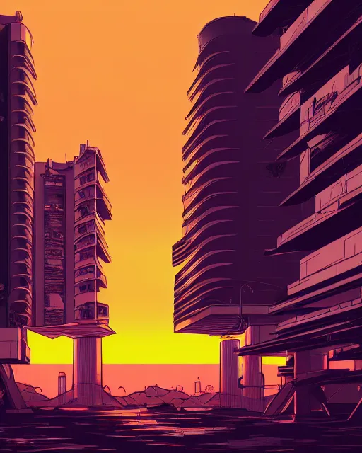 Prompt: architecture by alvaro leite siza vieira, postcyberpunk crystal myst sci - fi evil wilderness san andreas sunset apocalyptic laser atlantis at night at dusk anime vice city, archdaily, wallpaper, highly detailed, trending on artstation.