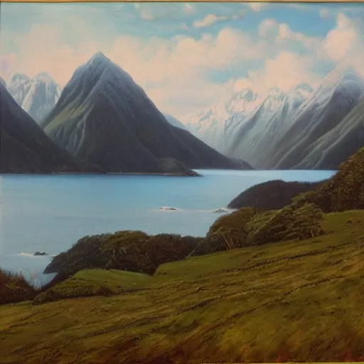 Prompt: John Gully romantic landscape painting of fiordland.