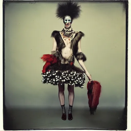 Prompt: kodak portra 4 0 0, wetplate, photo of a surreal artsy dream scene,, weird fashion, grotesque, extravagant dress, carneval, animal, wtf, photographed by paolo roversi style