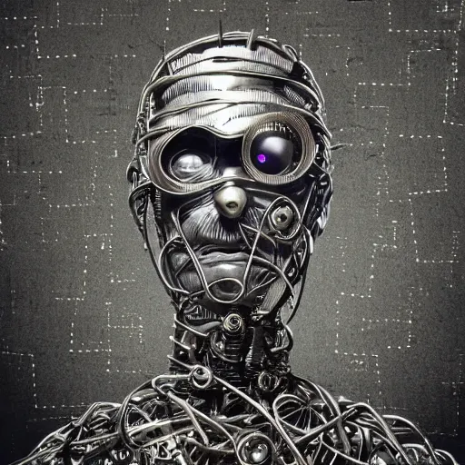 Prompt: clockwork man made of wires and tin, eyes shone bright in the night, bereft of soul and cast without a skin, he shambled and cried a plaintive plight, cinematic, hyper detailed, epic scale, rule of thirds.