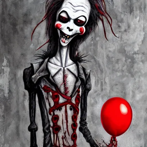 Image similar to grunge painting of a wendigo with a wide smile and a red balloon by chris leib, loony toons style, pennywise style, corpse bride style, horror theme, detailed, elegant, intricate