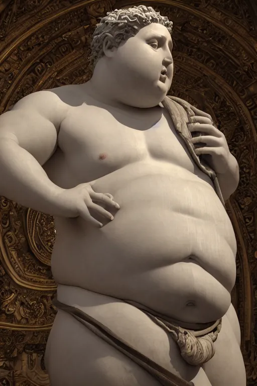 Prompt: a medium long shot of a hyper detailed ultra sharp portrait of a beautiful fat chubby statue of david with loincloth in the accademia di belle arti, sharp focus, global illumination, radiant light, unreal 5, daz, hyperrealistic, octane render, cosplay, rpg portrait, dynamic lighting, intricate detail, harvest fall vibrancy, cinematic