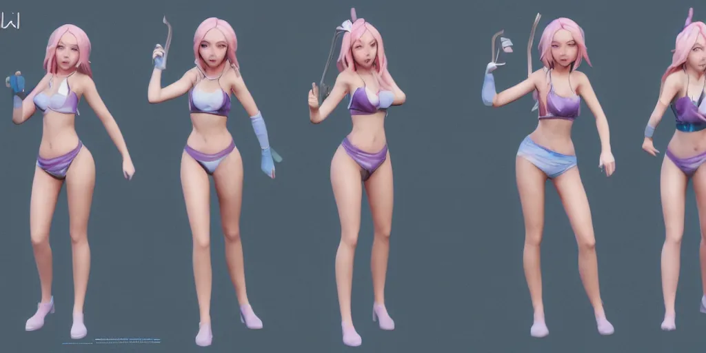 Image similar to character sheet of pool party lux (league of legends), action poses, 3d render, octane render, 4K, highly detailed