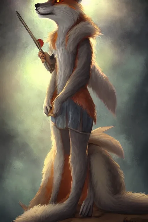 Image similar to an anthropomorphic medieval fox with a fluffy tail, backlighting, trending on artstation, digital art, furry art, trending on furaffinity, fantasy art, by kawacy