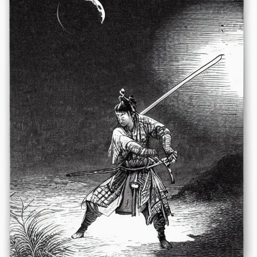 Image similar to samurai wielding a sword, moon, forest, night, illustration by Gustave Doré