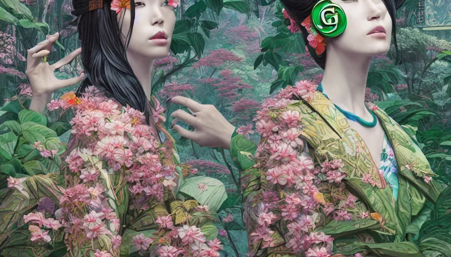 Image similar to a digital painting of a woman wearing gucci exploring a magical japanese temple, lush plants and flowers, eco - cyberpunk art by james jean, cgsociety, retrofuturism, anime aesthetic, chromatic, iridescent, uhd