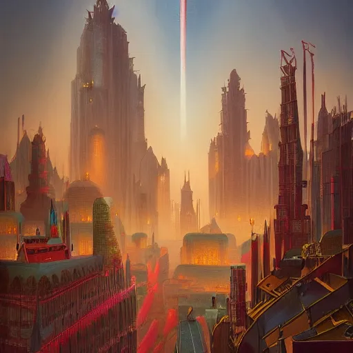 Prompt: is developinga seagrut painting of brutal medieval knights that looks fantastic painting by gerald brom trending on artstation a vibrant painting of colossal an art deco city by beeple and runes, 8 k resolution