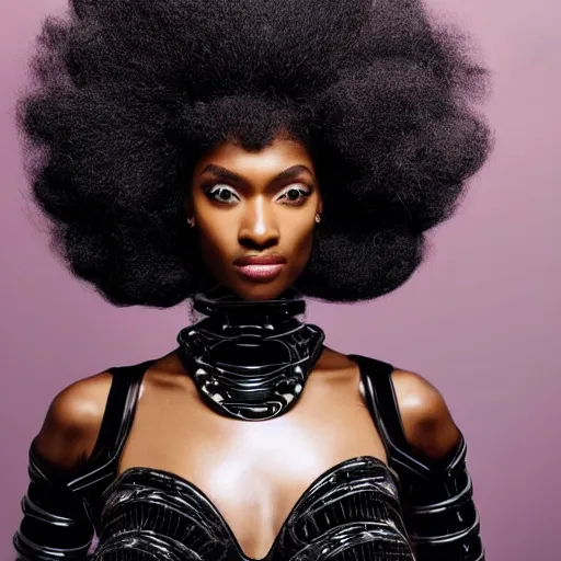 Prompt: close up of a black female fashion model with huge hair in year 3000 in art-deco entrance hall, model wearing a black dress in robot shape, photography , official Vogue editorial , highly detailed