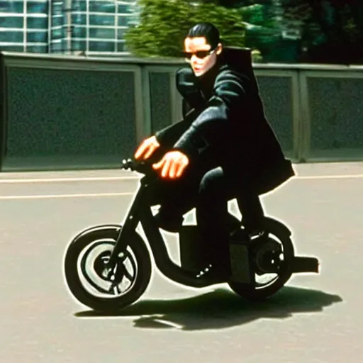 Image similar to neo from the matrix jumping the worlds smallest bicycle over a bus