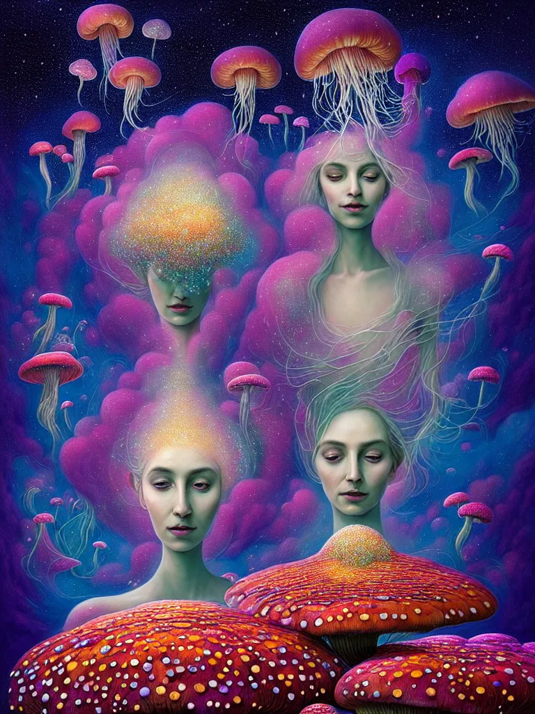 Prompt: portrait of queen of dreams, extremely beautiful is floating and merging among many nebula stars with lots of gigantic mushrooms and jellyfish, symmetrical composition, by gediminas pranckevicius, jacek yerka, rob gonsalves, peter gric, digital painting, octane rendered, crepuscular rays, neon colors vibrant colors, trending on artstation