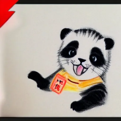 Prompt: child drawning of a cute kitten with panda body and cat face, crayon