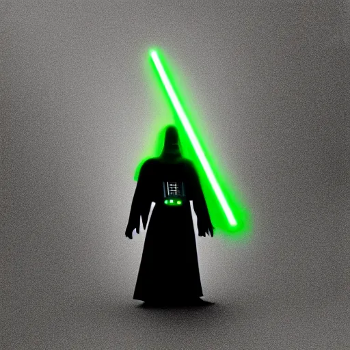 Image similar to darth vadar with a green lightsaber standing in front of the whitehosue, photorealistic, dusk