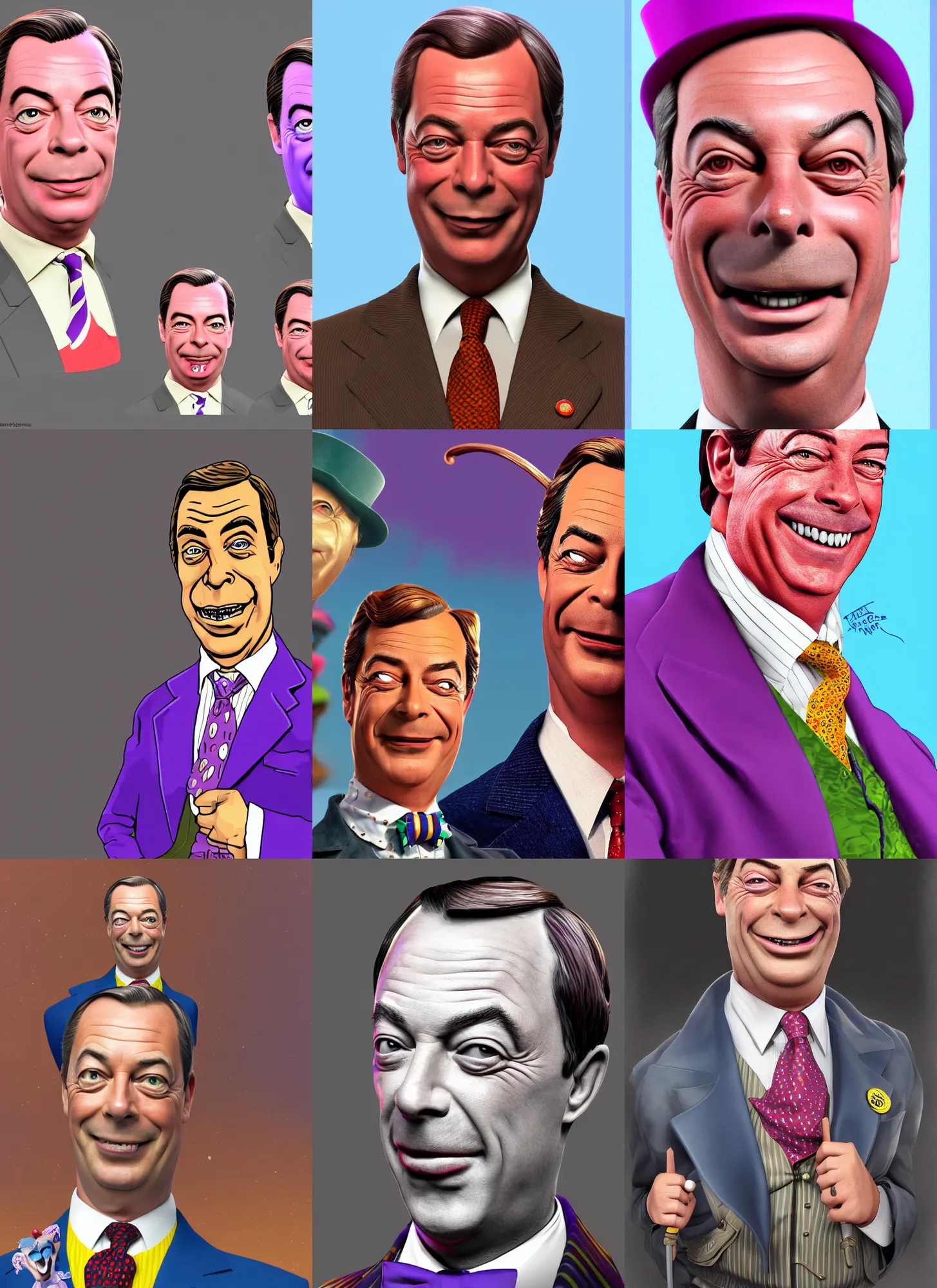 Prompt: character portrait of Nigel Farage playing Willy Wonka, digital art, trending on artstation, 4k