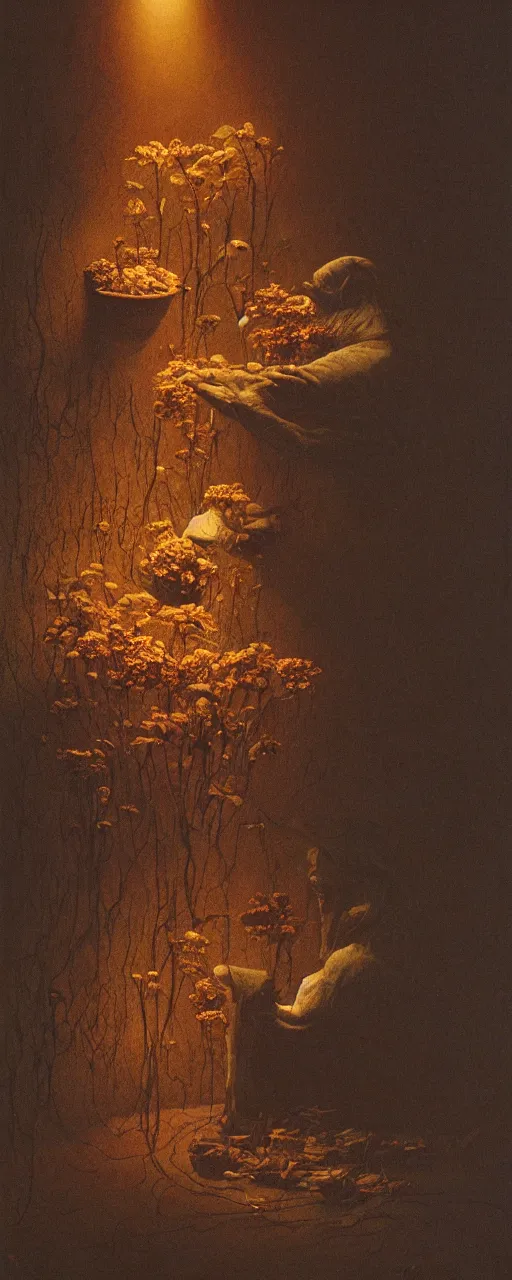 Image similar to a golemn tending to a beautiful dried flower in a dark room, zdzislaw beksinski, arthur rachham, interior, 8 k, artstation