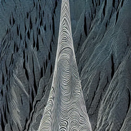 Prompt: dark obelisk on a beautiful valley at the dawn, intricate patterns, painted by Moebius and Tsutomu Nihei