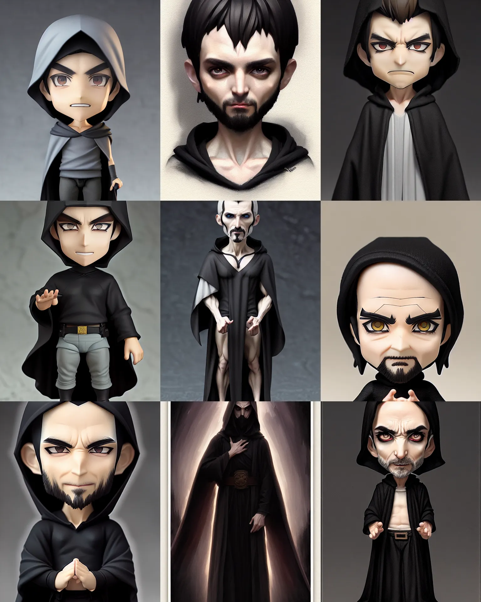 Prompt: nendoroid pale dark haired skinny man with black eyes in dark robes | | realistic shaded, fine details, realistic shaded lighting poster by greg rutkowski, diego gisbert llorens, magali villeneuve, artgerm, jeremy lipkin and rob rey