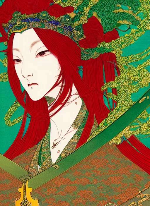 Prompt: a beautiful ukiyo - e portrait of a beautiful cyberpunk elven queen with long red hair, wearing green, red and gold ornate dress, golden intricate crown. detailed symmetrical close up portrait, intricate complexity, concept art, by takato yamamoto, wlop, krenz cushart. cinematic dramatic atmosphere, sharp focus