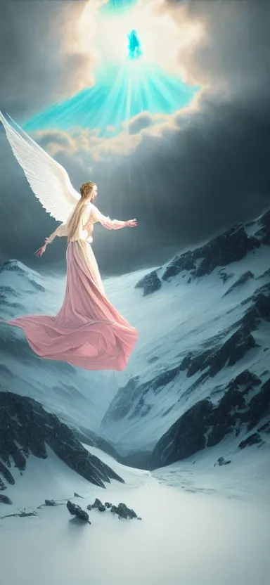Prompt: royalty angel, big wings, argentina, hudson river school, max rive, full plate armor with cloth, f 1 6, bokeh, gentle, female, snowy mountain, storm clouds, god rays, landscape, d & d, fantasy, elegant, teal pink white gold color palette, concept art, roger deakins and greg rutkowski and alphonse mucha