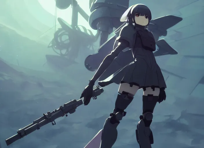 Prompt: homura akemi in mechanical exoskeleton resembling a su - 1 0 2, battlefield landscape, illustration concept art anime key visual trending pixiv fanbox by wlop and greg rutkowski and makoto shinkai and studio ghibli and kyoto animation, soldier clothing, grimdark, volumetric lighting