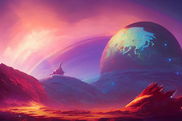 Prompt: the gigantic face of a rainbow colored alien creatures stare at the earth through the sky, mesmerizing, fantastical, concept art, highly detailed, artstation, trending, feng zhu, shaddy safadi, noah bradley, tyler edlin, jordan grimmer, darek zabrocki, neil blevins, tuomas korpi, wlop
