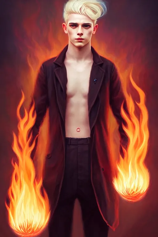 Image similar to character art by tom bagshaw, young man, blonde hair, on fire, fire powers