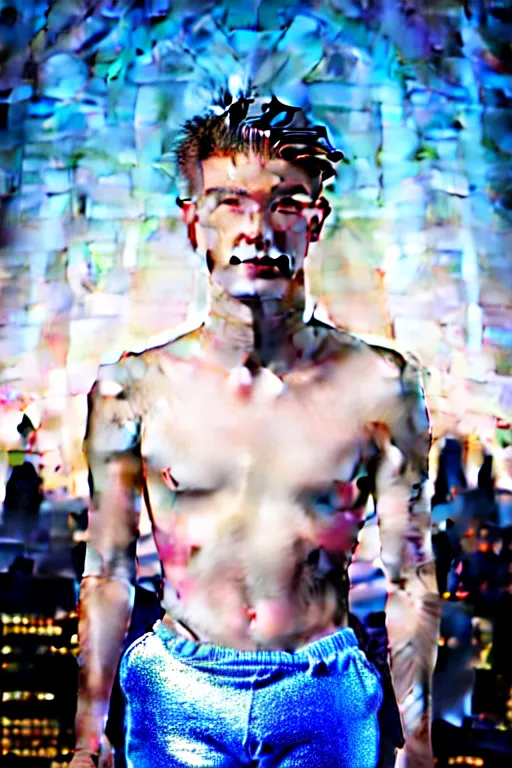 Image similar to un ultra high definition studio quality photographic art portrait of a young man standing on the rooftop of a british apartment building wearing soft baggy inflatable padded silver iridescent pearlescent clothing. three point light. extremely detailed. golden ratio, ray tracing, volumetric light, shallow depth of field. set dressed.