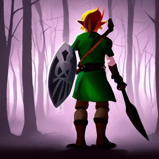 Image similar to Link from Legend of Zelda walks alone through the woods at night, gloomy, dark, foggy, night, ominous, dark color, atmospheric, cinematic lighting, intricate detail?