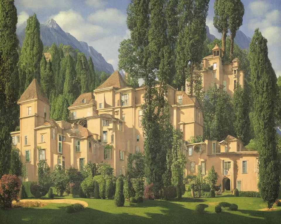 Prompt: an enchanting resplendent mansion hidden in the alpine valley time forgot by Rene Magritte and Giovanni Paolo Panini.