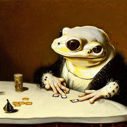 Prompt: a painting of a macabre white frog playing poker by rembrandt van rijn