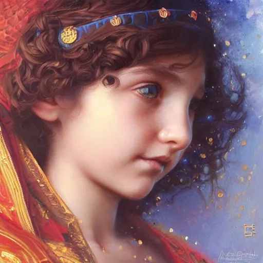 Prompt: a little girl with short wavy curly light brown hair and blue eyes, a space empress in byzantine style. beautiful highly detailed face, painting by artgerm and greg rutkowski and bouguereau.