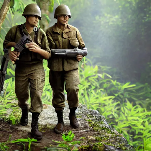 Image similar to world war 2 soldiers walking in the jungle, detailed, clean, realistic