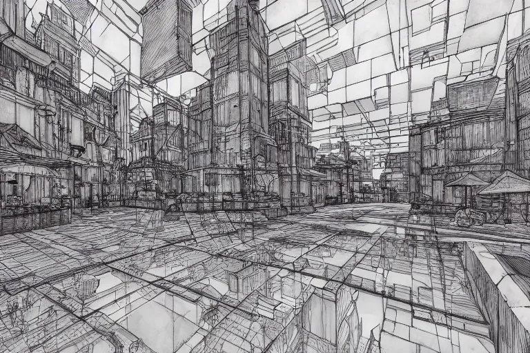 Image similar to THREE point perspective city marketplace, in the style of Greg Broadmore and Arthur Rackham,trending on artstation, light lighting side view,digital art,surrealism ,macro,blueprint ,vaporwave ,