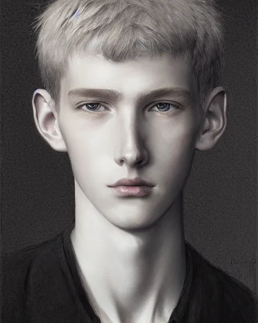 Prompt: portrait of 1 5 - year - old boy, a tall, slender boy with a pale, pointed face, white - blond hair, cold grey eyes, a pale complexion with sharp and pointed features, hyper realistic face, beautiful eyes, fantasy art, in the style of greg rutkowski, intricate, hyper detailed, smooth