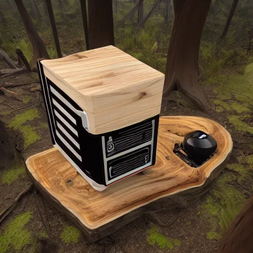 Prompt: a gaming PC made of wood in the middle of a forest, photo realistic, high definition, trending on artstation, 8k