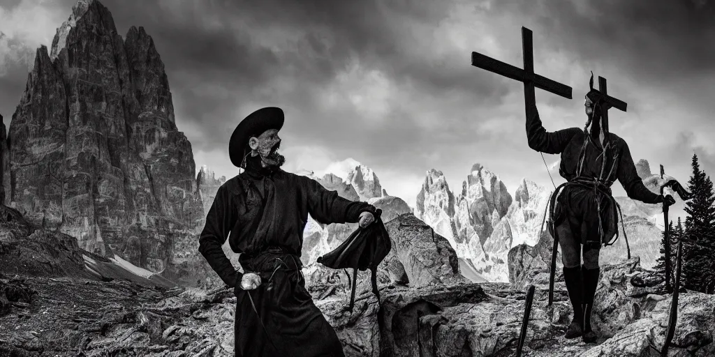 Image similar to alpine farmer holding up satans cross, dolomites in background, dark, eerie, despair, portrait photography, artstation, adward winning, artstation, highly detailed, sharp focus, by caravaggio