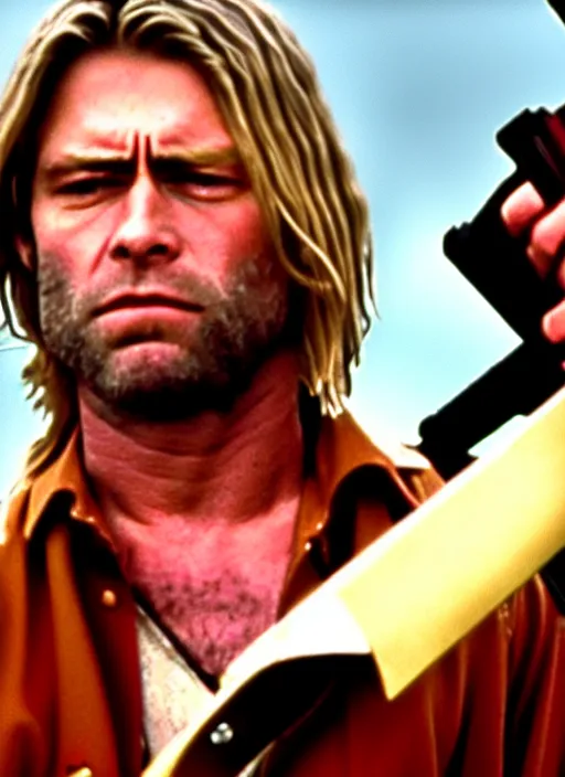 Image similar to film still of kurt cobain as clint eastwood in the movie a fist full of dollars, full-shot, 4k