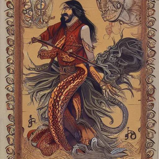 Prompt: A human bard, lower half of his body is snake, like a Naga, Naga-Tirr, Naga-Hakash, snake, mixed with snake