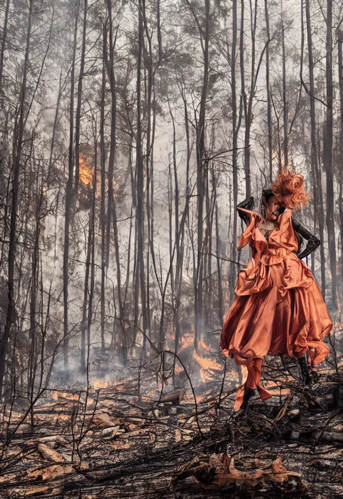 Prompt: fashion editorial in forest fire. wide angle shot. highly detailed.