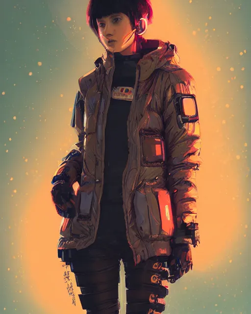 Prompt: detailed portrait Neon guard girl with short brown hair, cyberpunk futuristic, reflective puffer jacket, black leggings, decorated with traditional Japanese ornaments by Ismail inceoglu dragan bibin hans thoma, Perfect face, fine details, realistic shaded, fine-face, pretty face