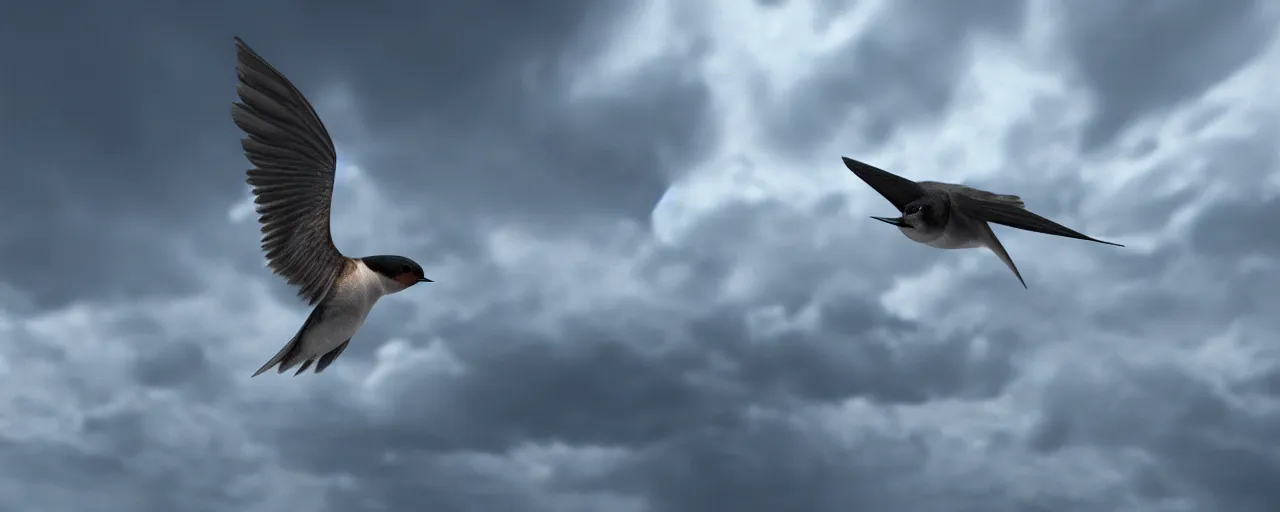 Image similar to a swallow bird flying through the clouds, atmospheric, mist, epic, photorealistic, realistic, rule of thirds, extremely detailed, 4 k, 8 k, unreal engine 5 render, rim lighting, rtx, ray traced lighting, shot on 3 5 mm, film grain